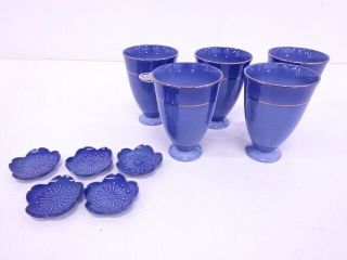 70681 Japanese Porcelain Blue Glaze / Cup / Set Of 5 W/ Chopsticks Rest