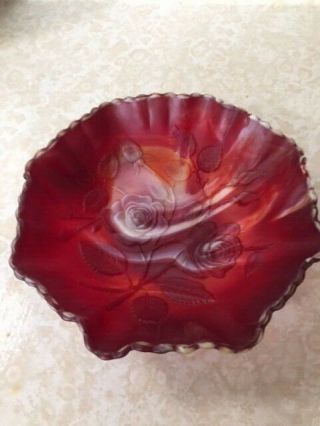 Satin Red Slag Bowl By Imperial Glass Company,  Rose Pattern 1960 