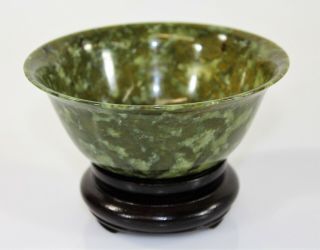 Chinese Green Stone Bowl Possibly Spinach Jade Or Serpentine Stone W/ Wood Stand