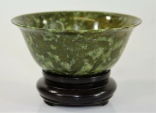 Chinese Green Stone Bowl Possibly Spinach Jade or Serpentine Stone w/ Wood Stand 2