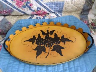 Antique Metal Tole Ware Scalloped Tray Handles Mustard Yellow Painted Grapes Vg