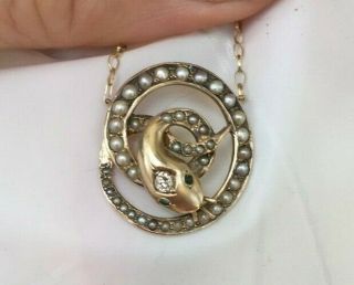 Antique Edwardian 10k Gold Snake Diamond Pendant Necklace