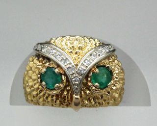 Vintage 18k Yellow Gold Owl Ring With Diamonds And Emerald Eyes