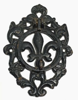 Vintage Cast Iron Door Knocker Fleur De Lis Ornate Architectural Salvage Saints