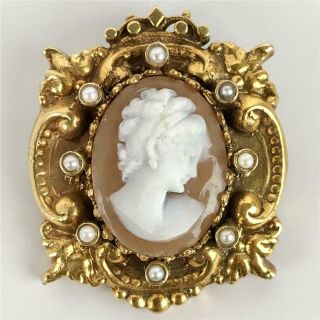 Antique Victorian Edwardian Carved Shell Cameo Pearl 14k Gold Pendant Brooch Pin