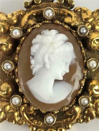 Antique Victorian Edwardian Carved Shell Cameo Pearl 14K Gold Pendant Brooch Pin 2