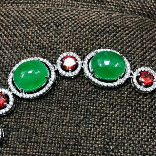 Collectible Chinese Handwork S925 Silver & Green Jadeite Jade Beads Bracelet 7