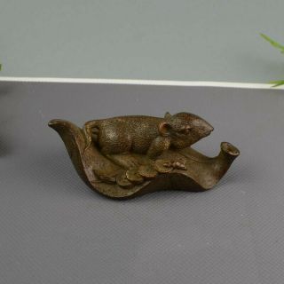 Chinese Pure Bronze Year Zodiac Bat Fu Mouse On Wealth Coin Yuanbao Coin Statue