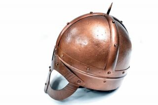 VIKING SPIKED STEEL BRONZE FINISH HELMET,  LEATHER LINED &STRAPPED ADULT SIZE. 2