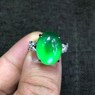 Chinese S925 Silver & Green Jadeite Jade Handwork Rare Oval Bead No.  7 - 12 Ring