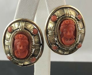 Antique Victorian Cameo Coral 18k Yellow Gold Earrings