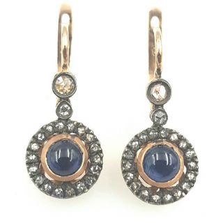 Vintage Russian 14 K Pink Gold Rose Diamonds Sapphire Earrings