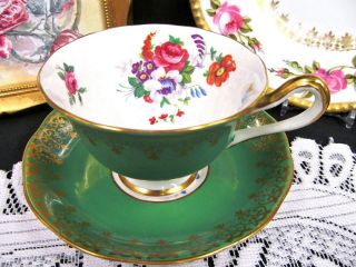 ROYAL ALBERT TEA CUP AND SAUCER GREEN & FLORAL PATTERN ROSE TEACUP GOLD GILT 2