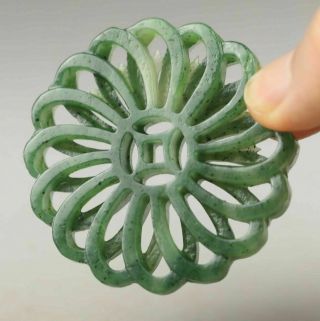 Chinese Old Natural Hetian Green Jade Hand - Carved Flower Pendant 2.  1 Inch0010