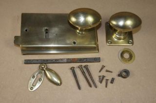 Vintage Solid Bronze ? Rim Lock With Oval Handles,  Escutcheon & Screws