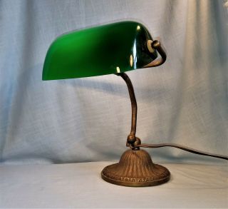 Antique Vintage Early Bankers Brass Bronze Table Lamp Base Green Glass Lampshade