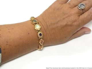 Natural Opal Garnet Topaz Diamond 14k Gold Bracelet 41gram Slide Charms 1950s 12