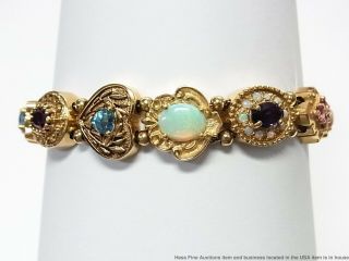 Natural Opal Garnet Topaz Diamond 14k Gold Bracelet 41gram Slide Charms 1950s