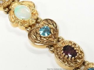 Natural Opal Garnet Topaz Diamond 14k Gold Bracelet 41gram Slide Charms 1950s 3