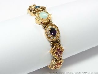 Natural Opal Garnet Topaz Diamond 14k Gold Bracelet 41gram Slide Charms 1950s 6