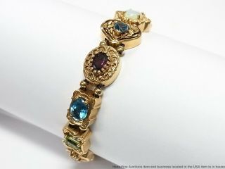 Natural Opal Garnet Topaz Diamond 14k Gold Bracelet 41gram Slide Charms 1950s 7