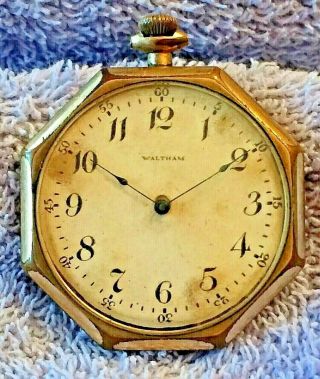 Vintage American Waltham Watch Co.  Gold Plated 8 - Sided Pocket Watch For Repair