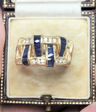 Fine 18ct Diamond Baguette Sapphire Ring Unusual Design Size O 18k Heavy 10.  4g