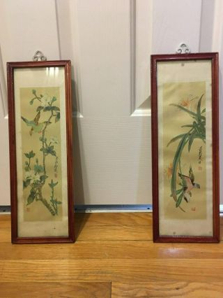 Vintage Framed Hand Painted Birds/flowers On Silk,  Chinese,