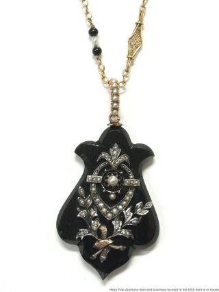 Huge Onyx Natural Seed Pearl Victorian Mourning Locket 14k Gold Chain Necklace