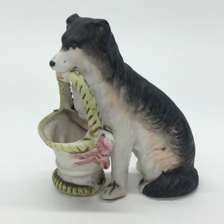 Vintage Porcelain Bisque Dog Holding Basket In Mouth 3.  5 " Planter Figurine
