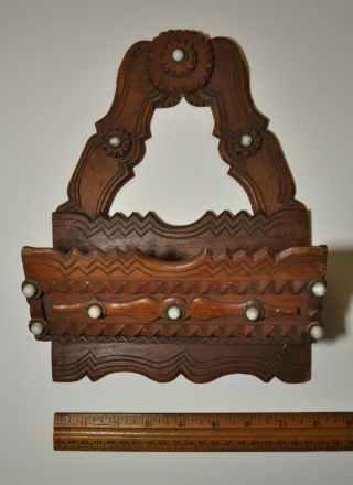 Early Tramp Art Wooden Porcelain Button Wall Pocket Comb Rack Holder Hand Carved