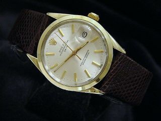 Rolex Date 1550 Mens 14k Gold Shell Watch Brown Leather Band Silver Dial 34mm