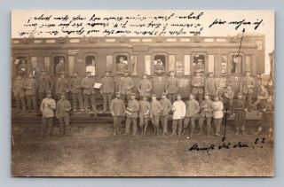 Ww1 Antique German Real Photo Rppc Postcard Soldiers & Railroad Train Rail Car