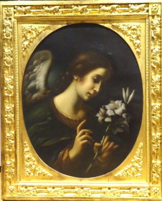 Large 18th Century Italian Old Master Angel Flowers Oil Painting Gold Frame