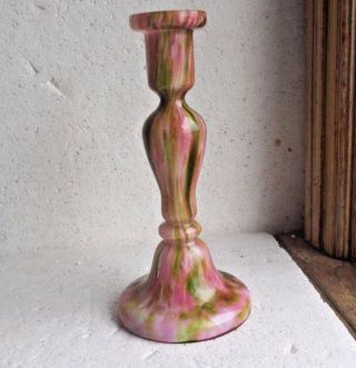 Antique Pink & Green Streaks White Cased Art Glass Candlestick Vase Hand Blown