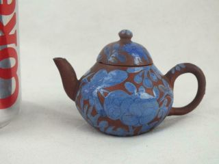 19th C Chinese Yixing Blue Enamelled Teapot - Incised Marks