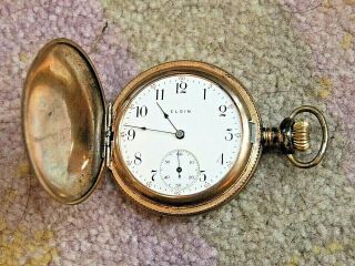 1909 Antique Elgin Pocket Watch W/ Bird Design Etched On Case,  7 Jewels,  Vintage