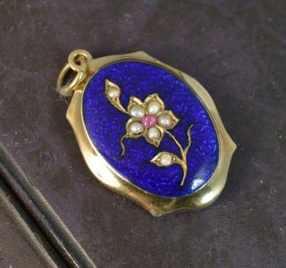 Stunning Victorian Rose Gold Enamel Ruby Pearl Forget Me Not Locket Pendant D938