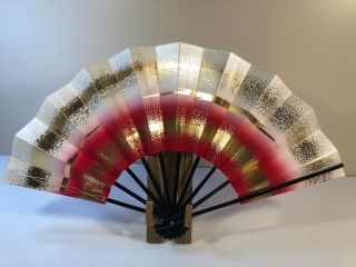 Japanese Dance Folding Fan Silver Red Gold/made In Japan