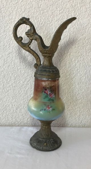 Vtg Decorative Flower Painted Ceramic Brass? Metal Pitcher Ewer Vase Jug Ornate