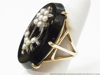Huge 14k Gold Black Onyx Victorian Ring Natural Seed Pearl 17.  2gr Antique Sz7.  5 10