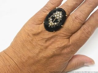 Huge 14k Gold Black Onyx Victorian Ring Natural Seed Pearl 17.  2gr Antique Sz7.  5 12