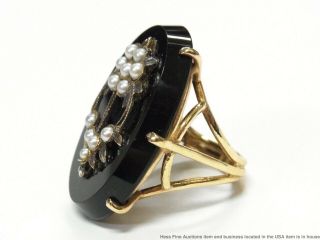 Huge 14k Gold Black Onyx Victorian Ring Natural Seed Pearl 17.  2gr Antique Sz7.  5 2