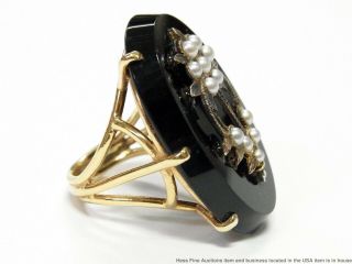 Huge 14k Gold Black Onyx Victorian Ring Natural Seed Pearl 17.  2gr Antique Sz7.  5 4