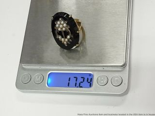 Huge 14k Gold Black Onyx Victorian Ring Natural Seed Pearl 17.  2gr Antique Sz7.  5 7