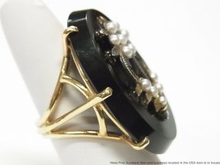 Huge 14k Gold Black Onyx Victorian Ring Natural Seed Pearl 17.  2gr Antique Sz7.  5 8