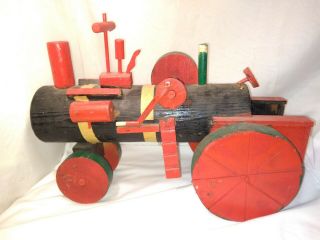 Antique Wood Model Steam Tractor Toy Large Scale Folk Art Vtg Handmade And Paint