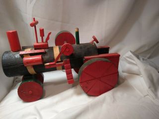 Antique Wood Model Steam Tractor Toy Large Scale Folk Art Vtg handmade and paint 2