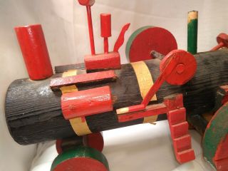 Antique Wood Model Steam Tractor Toy Large Scale Folk Art Vtg handmade and paint 3