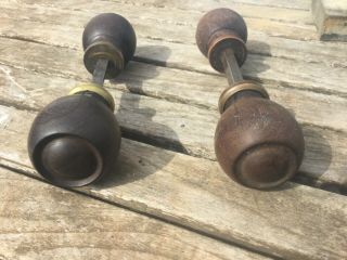 2 Pairs Of Vintage Dark Hardwood & Brass Door Handles Knobs Adjustable Spindle